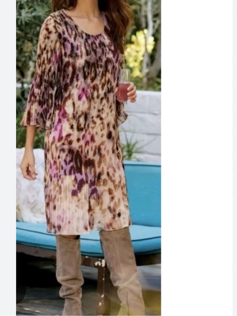Soft Surroundings Pleated Midi Dress in Pink and Tan Animal Print
